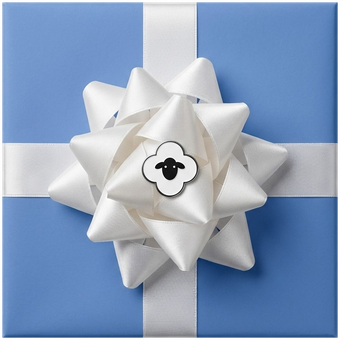 A blue gift box with a white bow: a postcard inside