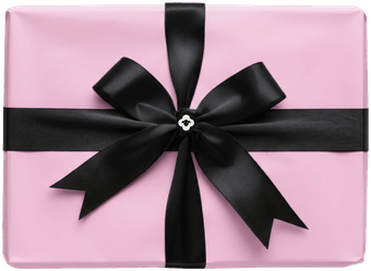 A pink gift box with a black bow: a polaroid inside
